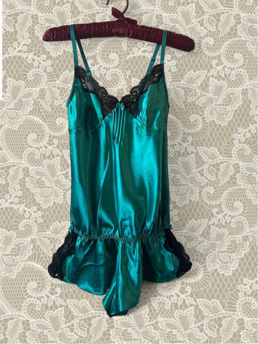 Frederick's of Hollywood Teal Satin Romper with Black Lace Trim